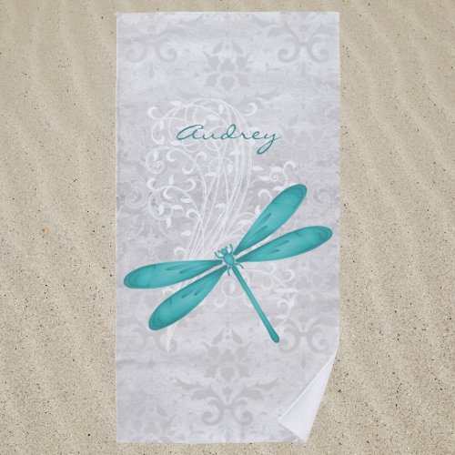 Teal Dragonfly Personalized Beach Towel