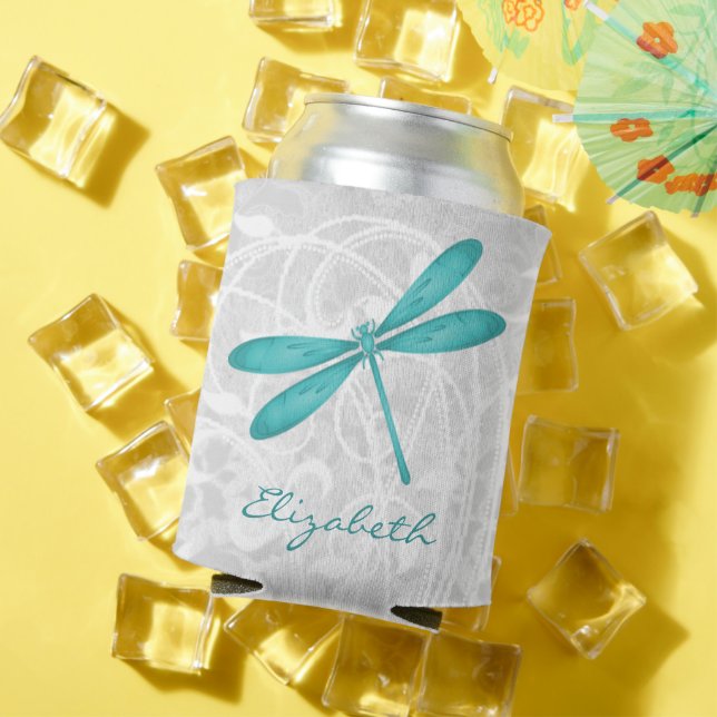 Teal Dragonfly Personalized Can Cooler (In Situ Summer)