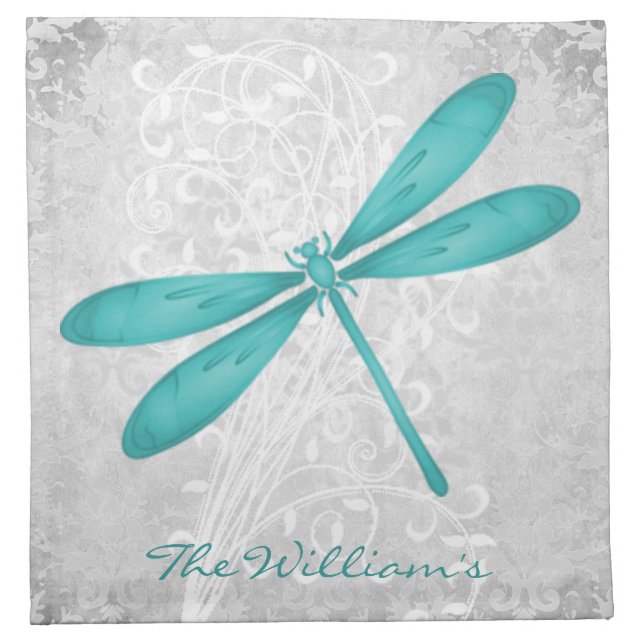 Teal Dragonfly Personalized Cloth Napkin (Front)