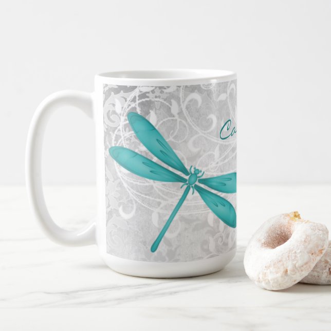 Teal Dragonfly Personalized Coffee Mug (With Donut)