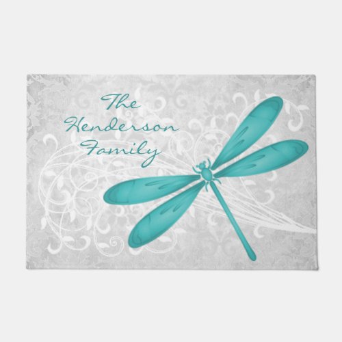 Teal Dragonfly Personalized Door Mat