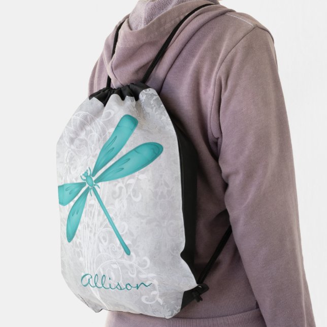 Teal Dragonfly Personalized Drawstring Backpack (Insitu)