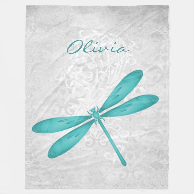 Teal Dragonfly Personalized Fleece Blanket (Front)