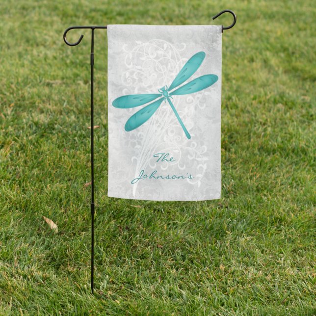 Teal Dragonfly Personalized Garden Flag (In SItu)