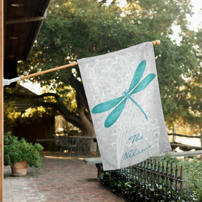 Teal Dragonfly Personalized House Flag (In SItu)