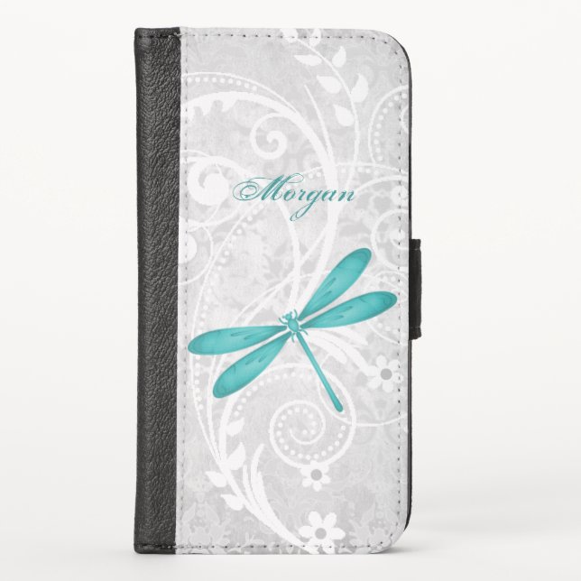 Teal Dragonfly Personalized iPhone Wallet Case (Front)