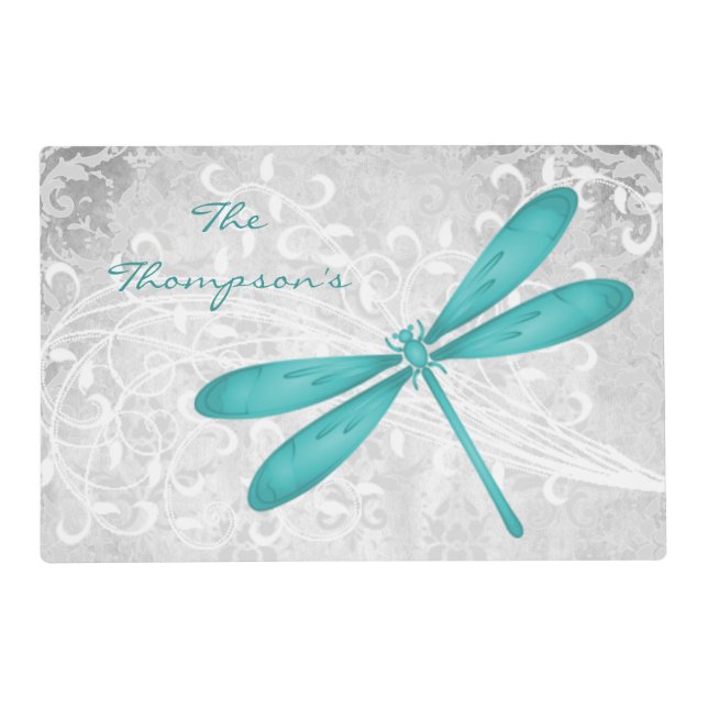 Teal Dragonfly Personalized Laminated Placemat (Front)