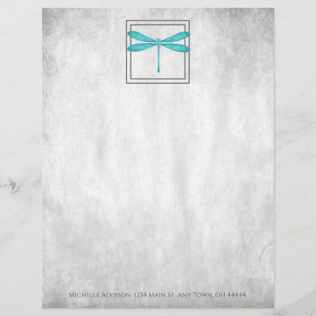 Teal Dragonfly Personalized Paper Sheet (Front)