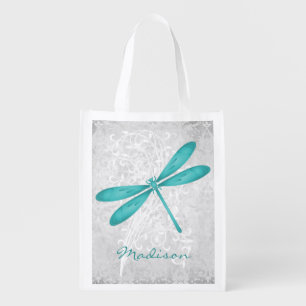 Teal Dragonfly Personalized Reusable Grocery Bag