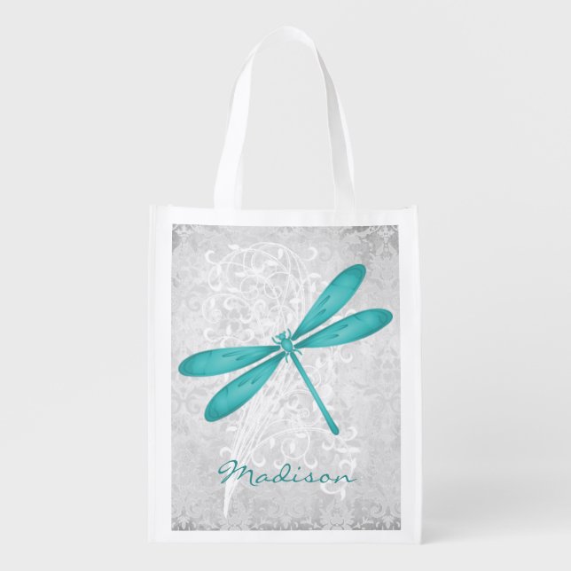 Teal Dragonfly Personalized Reusable Grocery Bag (Front)