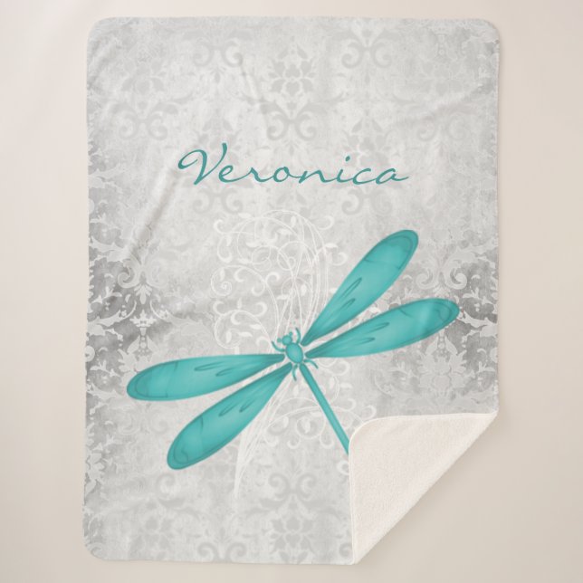 Teal Dragonfly Personalized Sherpa Blanket (Front)