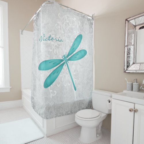 Teal Dragonfly Personalized Shower Curtain