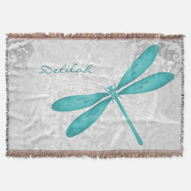 Teal Dragonfly Personalized Throw Blanket (Front)