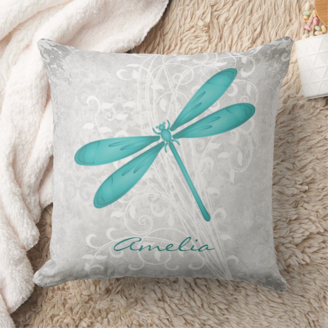 Teal Dragonfly Personalized Throw Pillow (Blanket)