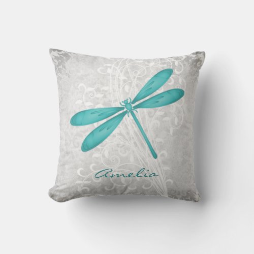 Teal Dragonfly Personalized Throw Pillow