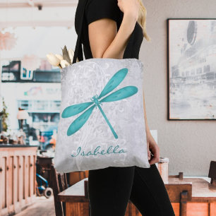 Teal Dragonfly Personalized Tote Bag