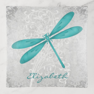 Teal Dragonfly Personalized Trinket Tray