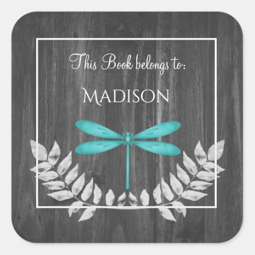 Teal Dragonfly Rustic Book Sticker