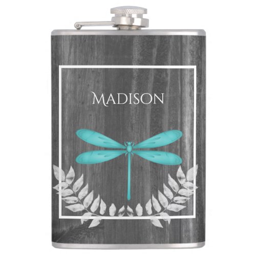 Teal Dragonfly Rustic Flask