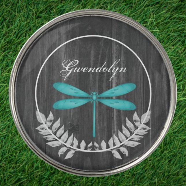 Teal Dragonfly Rustic Golf Ball Marker (Teal Dragonfly Rustic Personalized Golf Ball Marker)