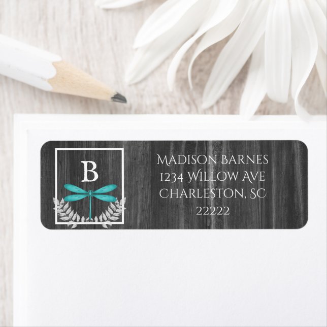 Teal Dragonfly Rustic Label (Insitu)