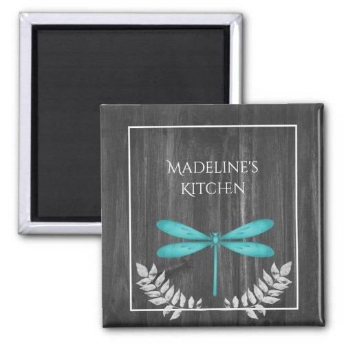 Teal Dragonfly Rustic Magnet