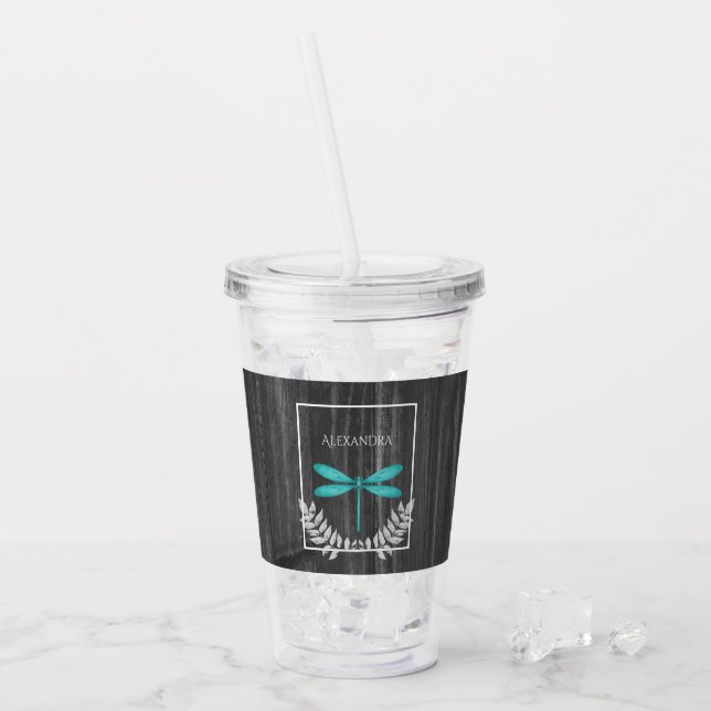 Teal Dragonfly Rustic Personalized Acrylic Tumbler (Front Ice)
