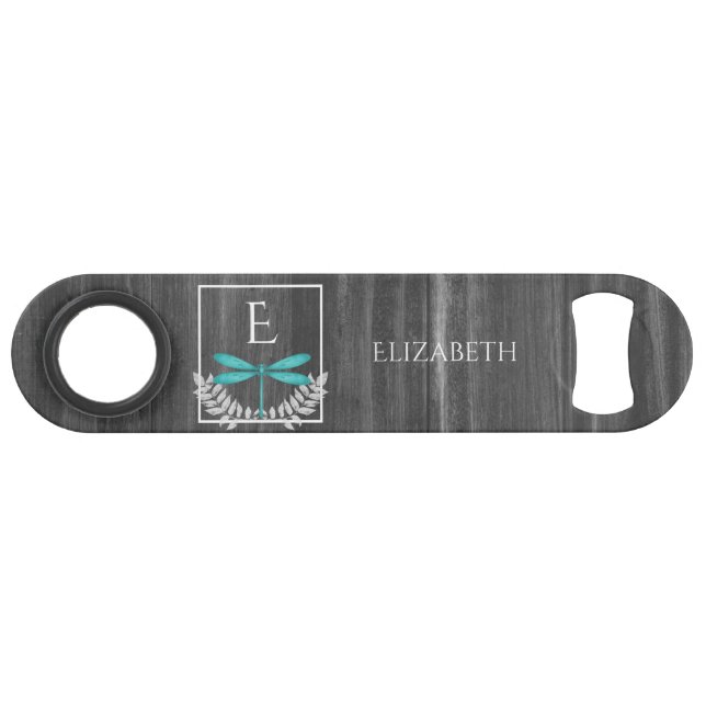 Teal Dragonfly Rustic Personalized Bar Key (Front (Horizontal))
