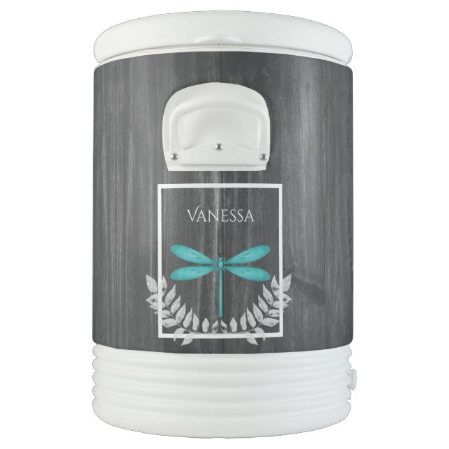 Teal Dragonfly Rustic Personalized Beverage Cooler (Left)