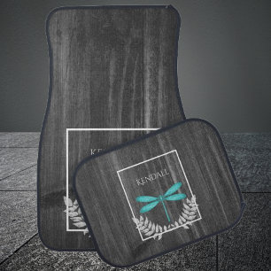 Teal Dragonfly Rustic Personalized Car Floor Mat