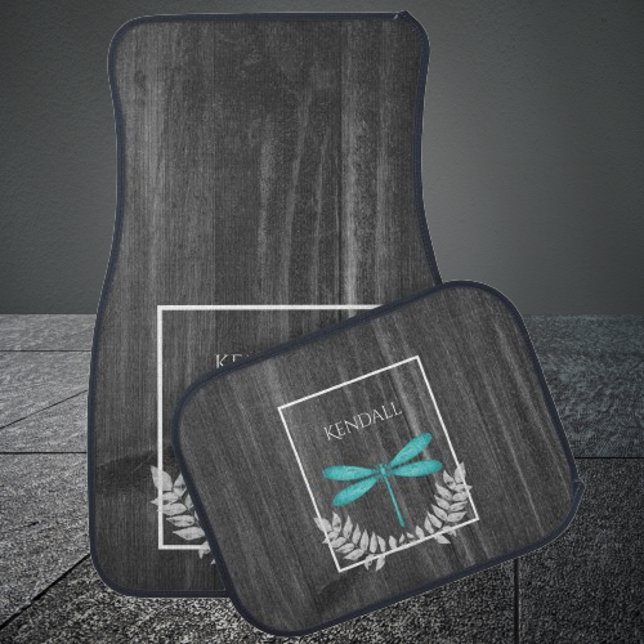 Teal Dragonfly Rustic Personalized Car Floor Mat (Teal Dragonfly Rustic Personalized Car Mats)