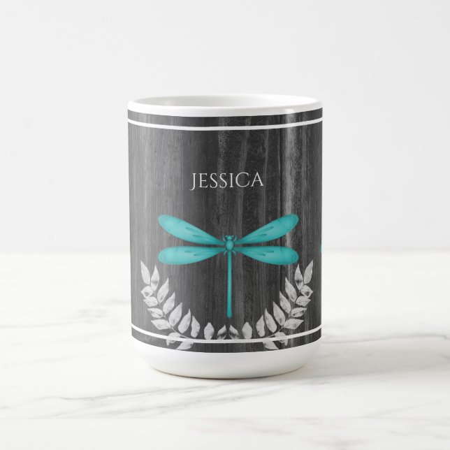 Teal Dragonfly Rustic Personalized Coffee Mug (Center)