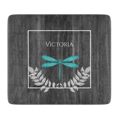 Teal Dragonfly Rustic Personalized Cutting Board