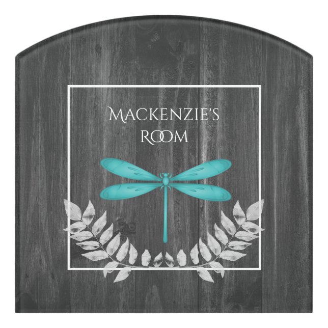 Teal Dragonfly Rustic Personalized Door Sign (Contour Front)