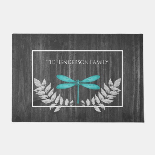 Teal Dragonfly Rustic Personalized Doormat