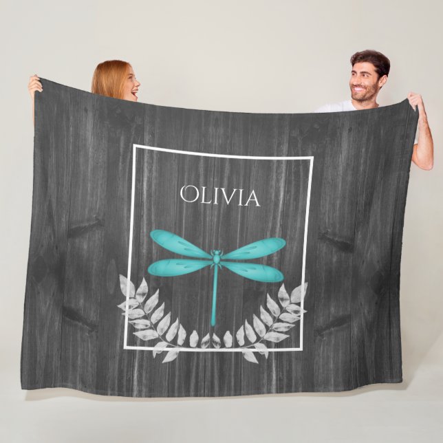 Teal Dragonfly Rustic Personalized Fleece Blanket (In Situ)