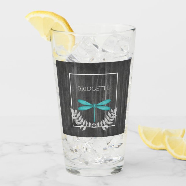 Teal Dragonfly Rustic Personalized Glass (Front Ice)