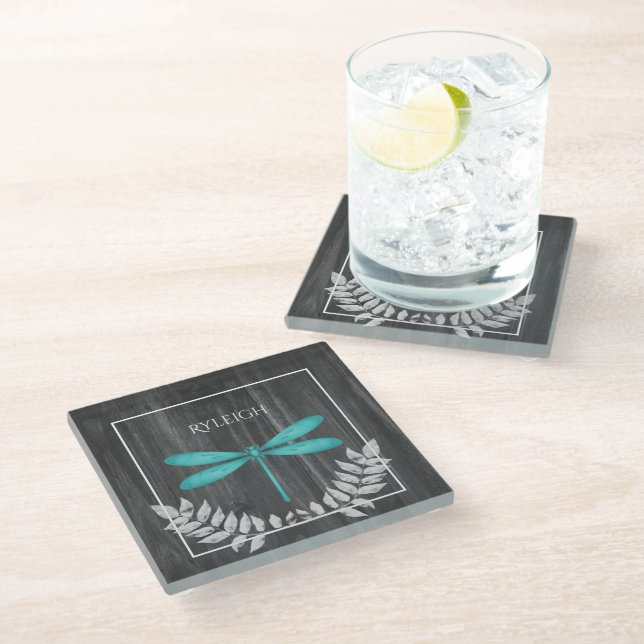 Teal Dragonfly Rustic Personalized Glass Coaster (Angled)