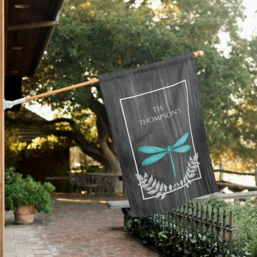 Teal Dragonfly Rustic Personalized House Flag