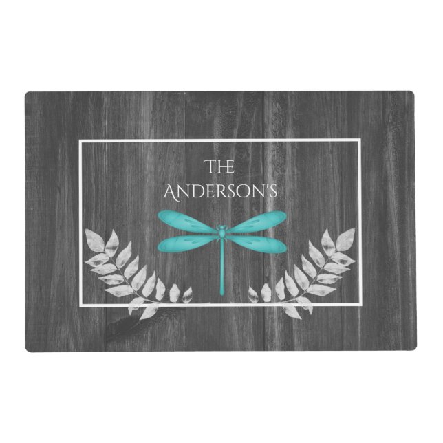 Teal Dragonfly Rustic Personalized Placemat (Front)