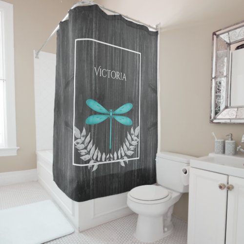 Teal Dragonfly Rustic Personalized Shower Curtain