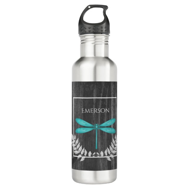 Teal Dragonfly Rustic Personalized Stainless Steel Water Bottle (Front)