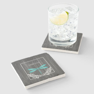 Teal Dragonfly Rustic Personalized Stone Coaster