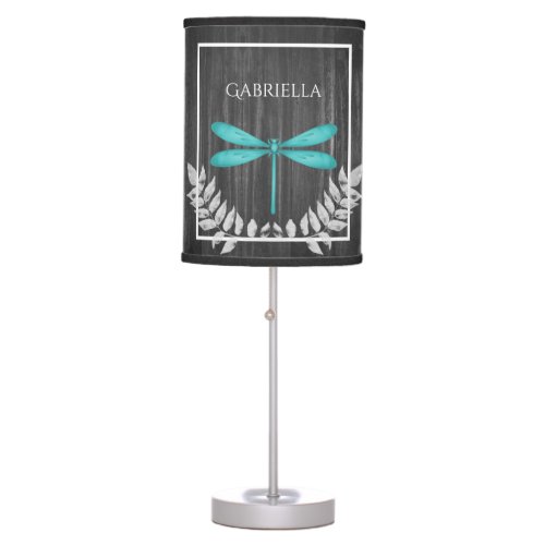 Teal Dragonfly Rustic Personalized Table Lamp