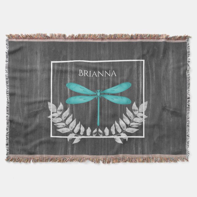 Teal Dragonfly Rustic Personalized Throw Blanket (Front)
