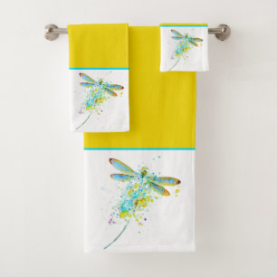 Teal Dragonfly splatter  Bath Towel Set
