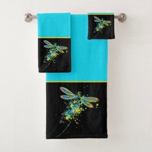 Teal Dragonfly splatter Bath Towel Set