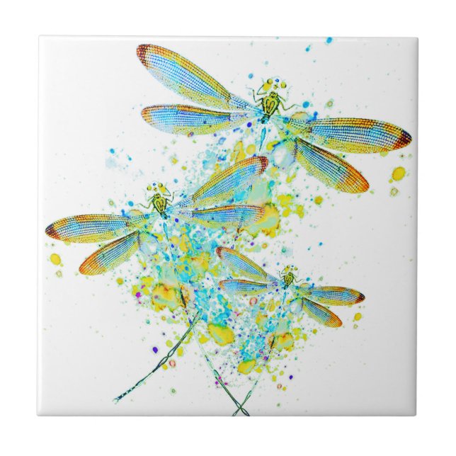 Teal Dragonfly splatter  Ceramic Tile (Front)