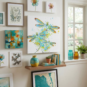 Teal Dragonfly splatter  Faux Canvas Print