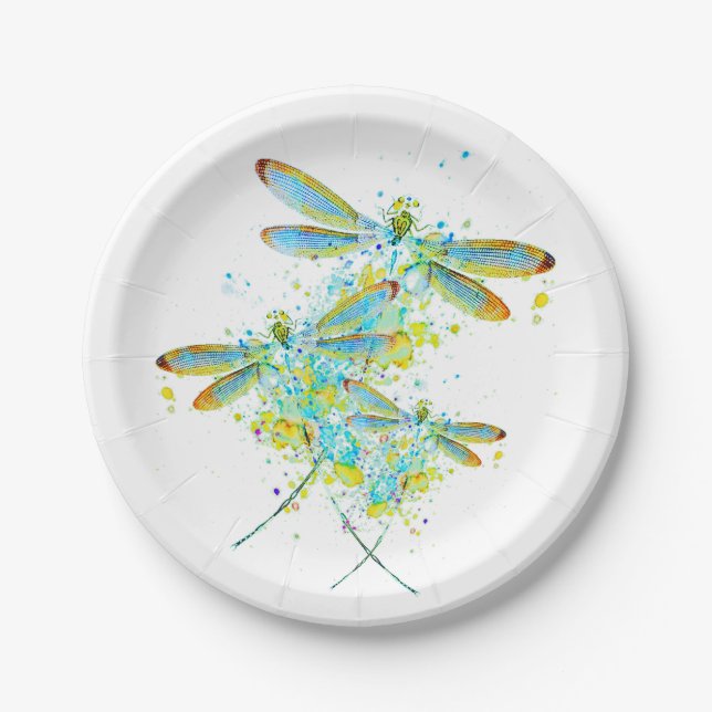 Teal Dragonfly splatter  Paper Plates (Front)